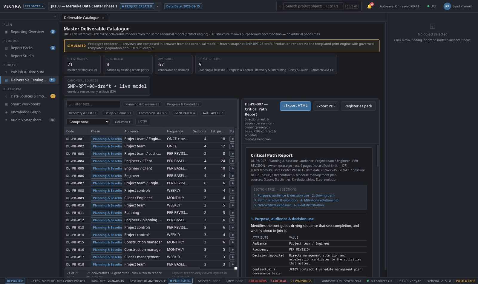 VECYRA deliverable register and Smart Workbook preview on a sample project